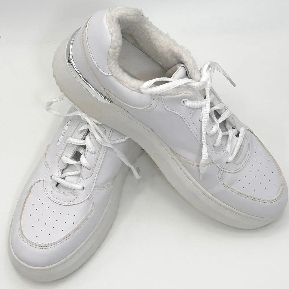 Nine West Womens Cuddly Lace Up Sneakers Size 11 White Lined Leather Look